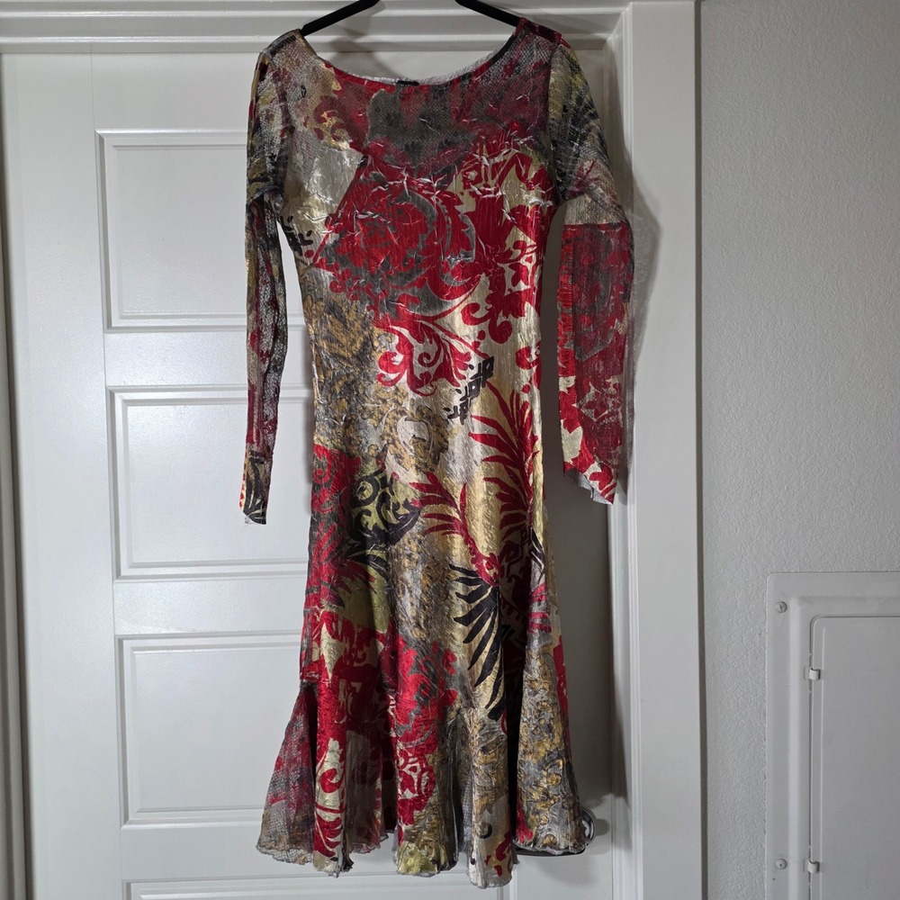 Komarov Red Gold Crinkle Pleated Floral Damask Midi Dress Long Sleeve Size M